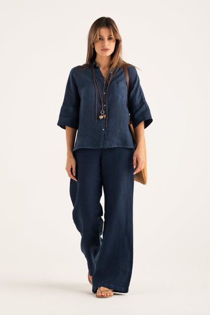 Women's Linen Relaxed-Fit Shirt with Chest Pocket – Navy Fade, view 6