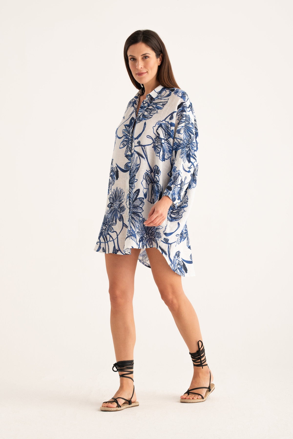 Women's Linen Shirt Dress – Washed Blue Print, view 7