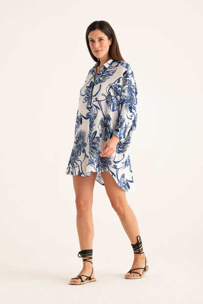 Women's Linen Shirt Dress – Washed Blue Print, view 7