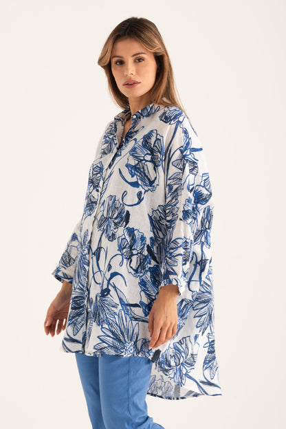Women's Linen Shirt Dress – Washed Blue Print, view 1