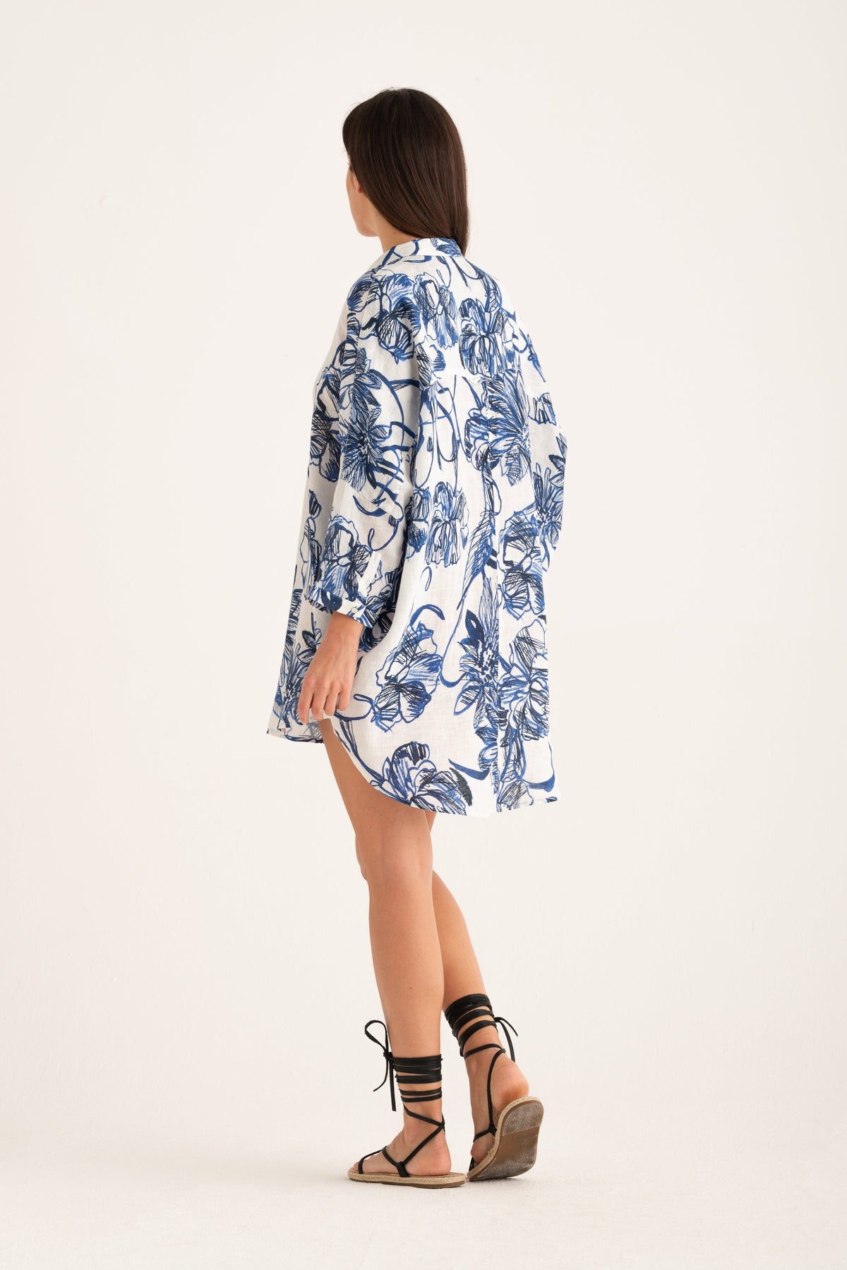 Women's Linen Shirt Dress – Washed Blue Print, view 8