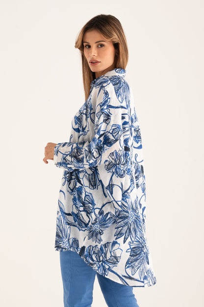 Women's Linen Shirt Dress – Washed Blue Print, view 2