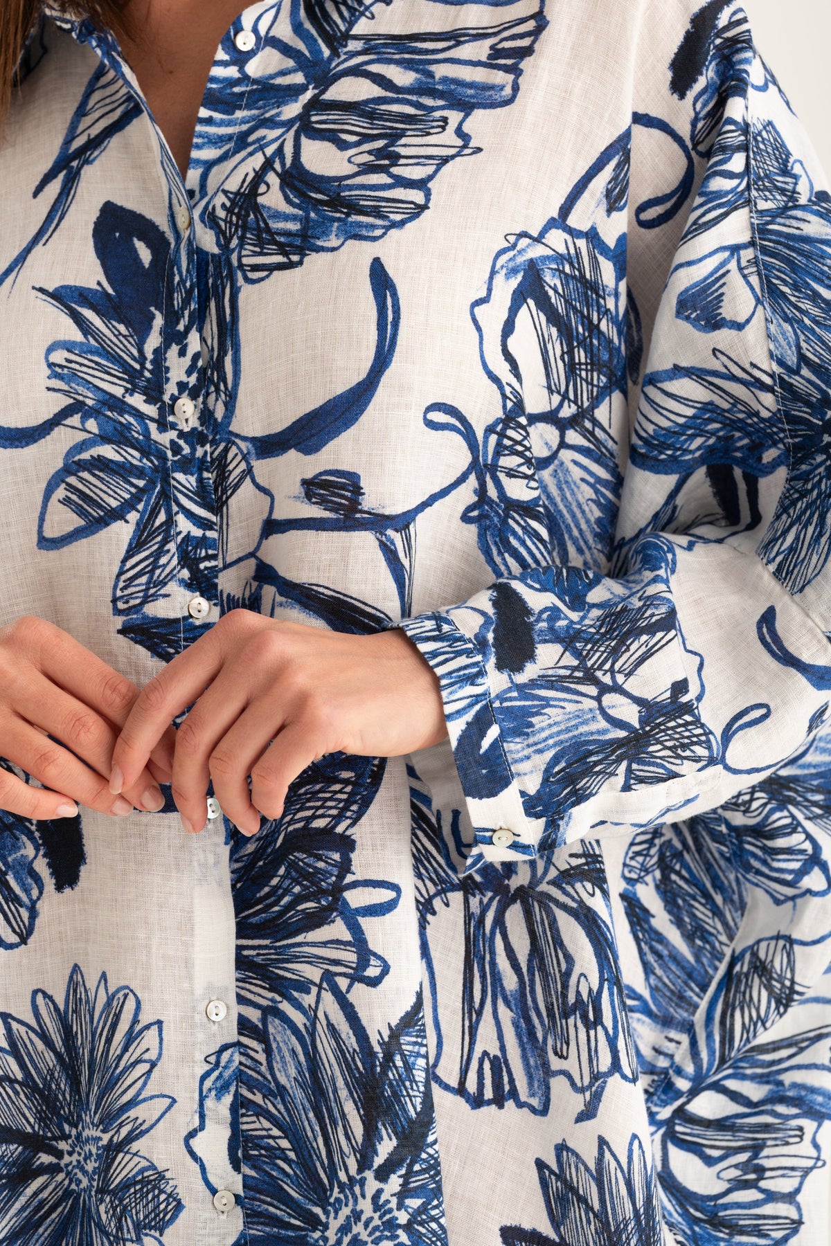 Women's Linen Shirt Dress – Washed Blue Print, view 6
