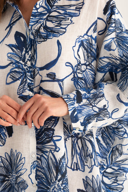 Women's Linen Shirt Dress – Washed Blue Print, view 6