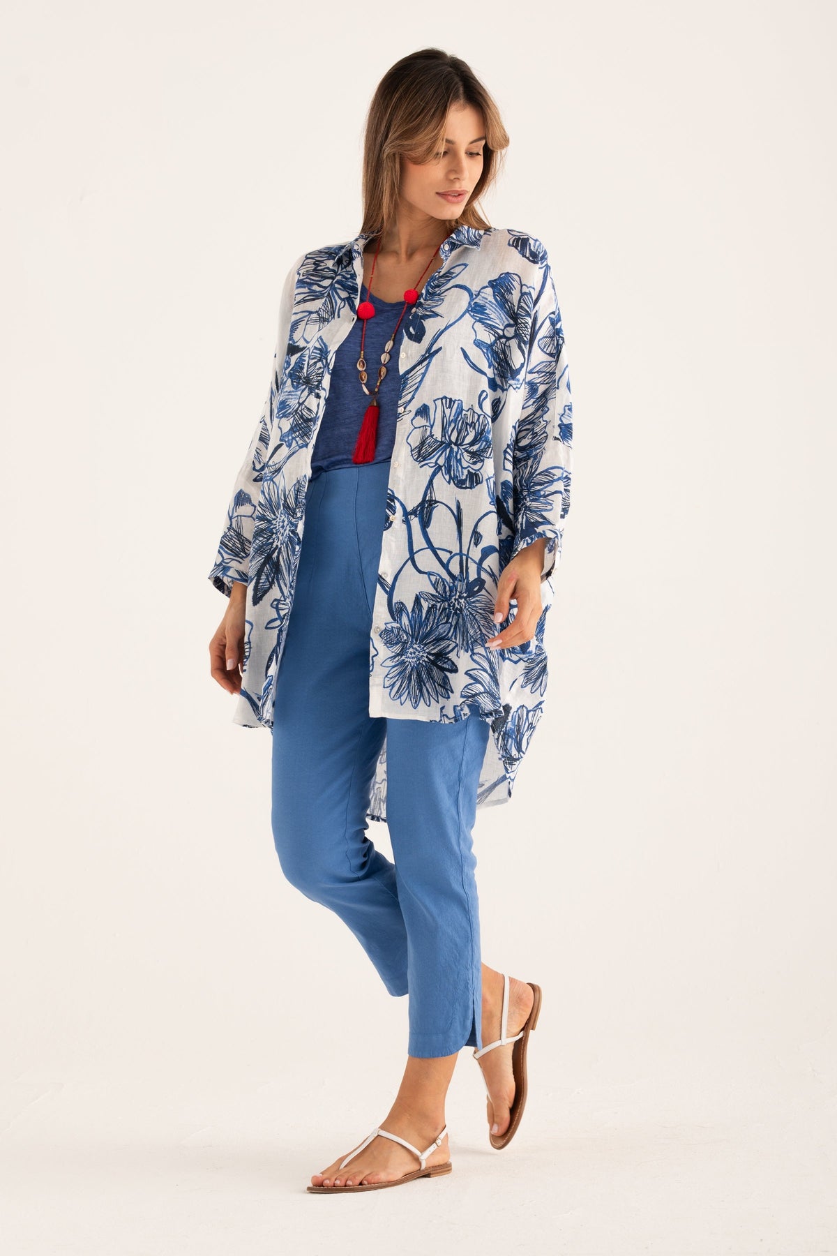 Women's Linen Shirt Dress – Washed Blue Print, view 3