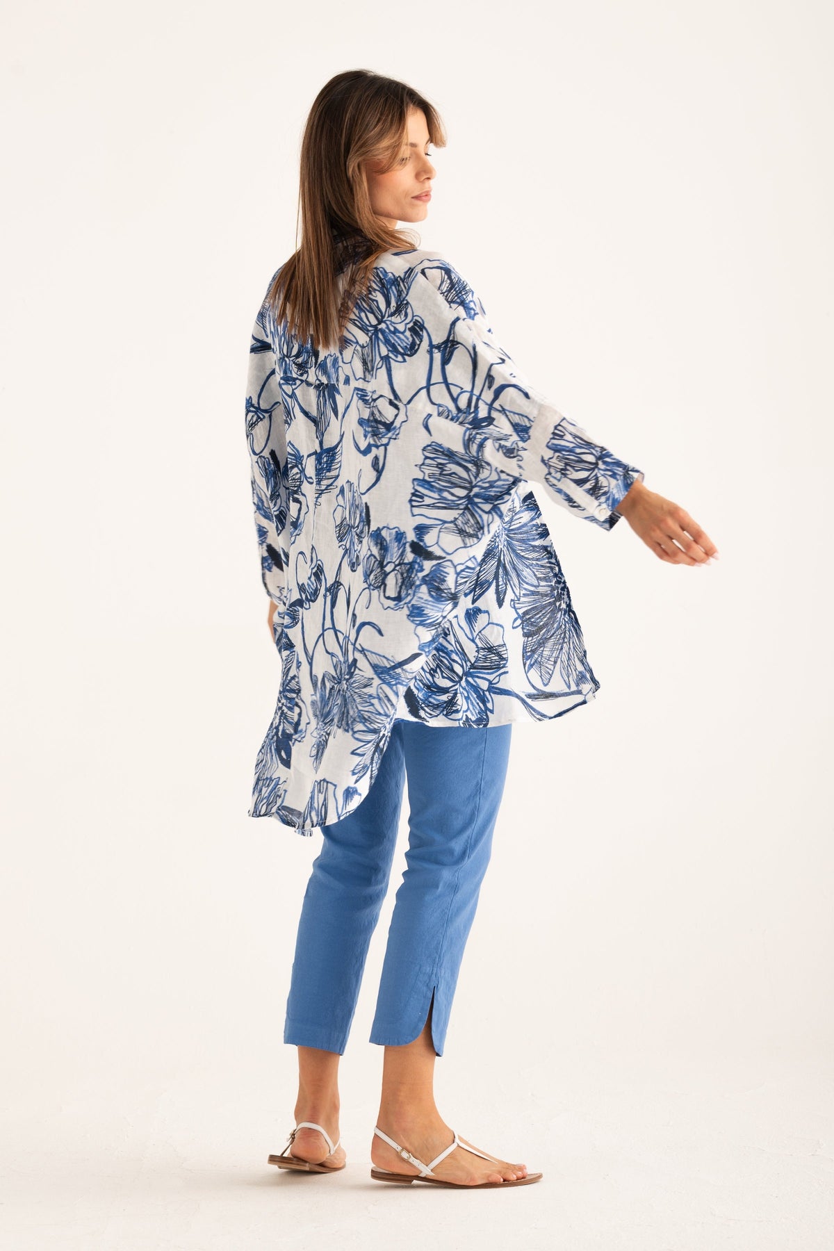 Women's Linen Shirt Dress – Washed Blue Print, view 4