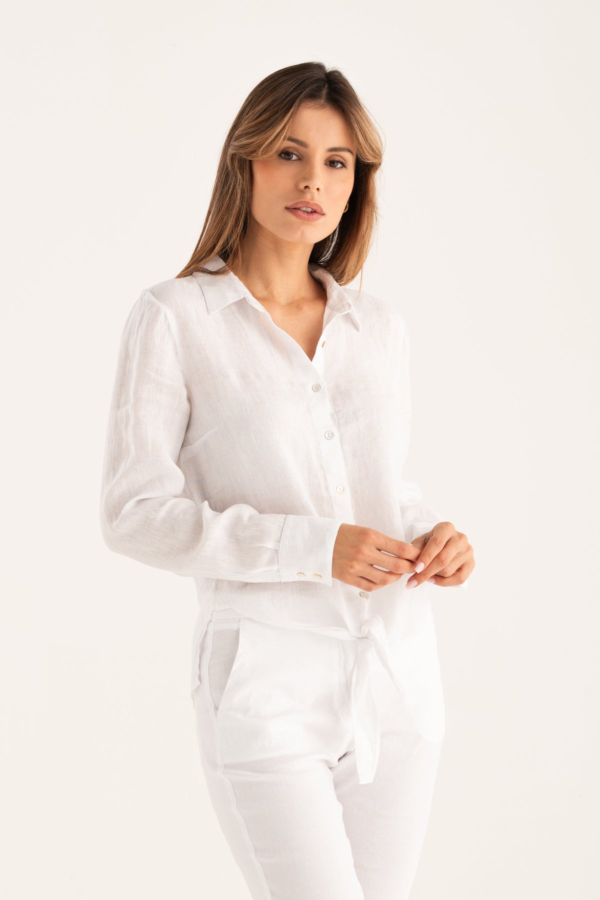 Women's Linen Knot-Detail Shirt – White, view 1