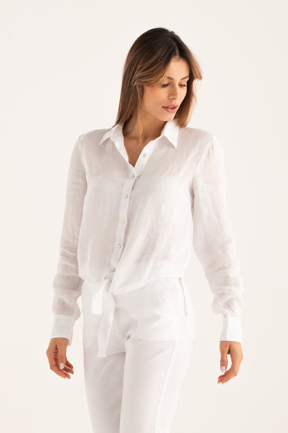 Women's Linen Knot-Detail Shirt – White, view 6