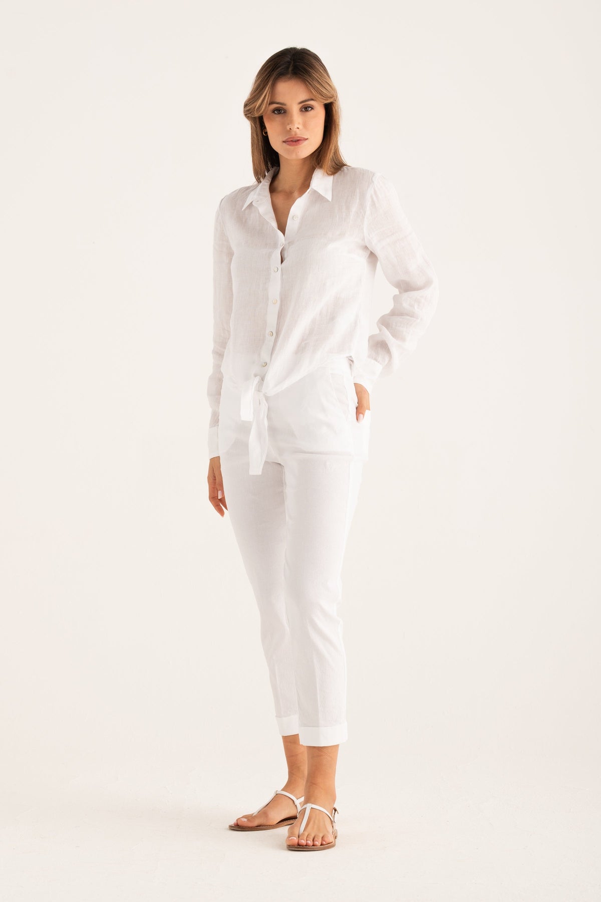 Women's Linen Knot-Detail Shirt – White, view 4