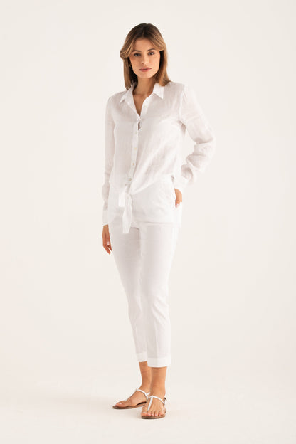 Women's Linen Knot-Detail Shirt – White, view 4