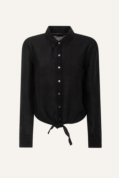 Women's Linen Knot-Detail Shirt – Black, view 6