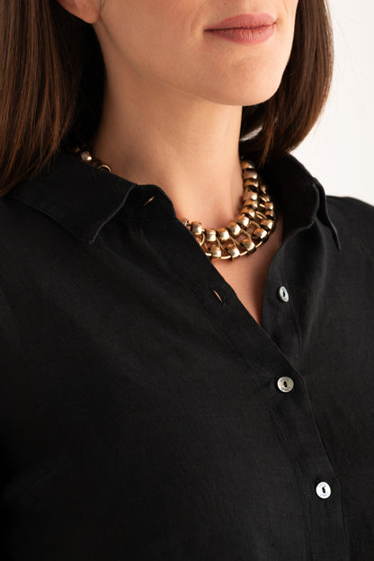 Women's Linen Knot-Detail Shirt – Black, view 3
