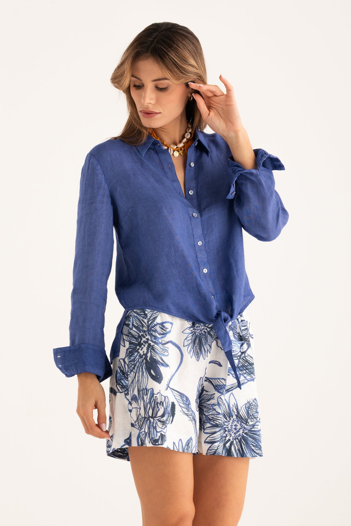 Women's Front-Tie Linen Shirt – Ink Soft Fade, view 1