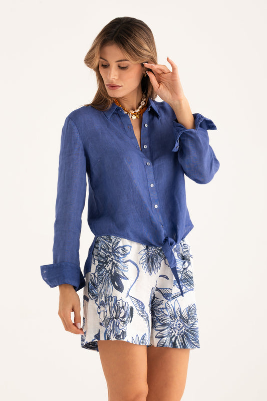 Women's Front-Tie Linen Shirt – Ink Soft Fade, view 1