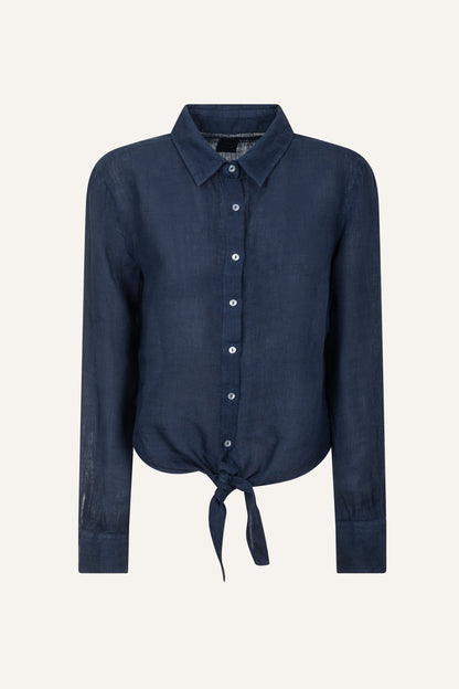 Women's Front-Tie Linen Shirt – Navy Fade, view 8