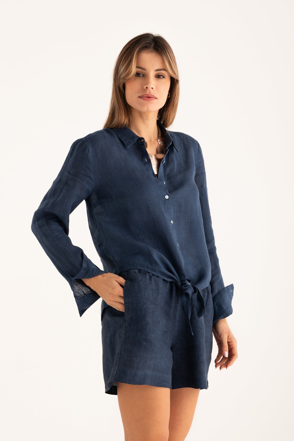 Women's Front-Tie Linen Shirt – Navy Fade, view 1