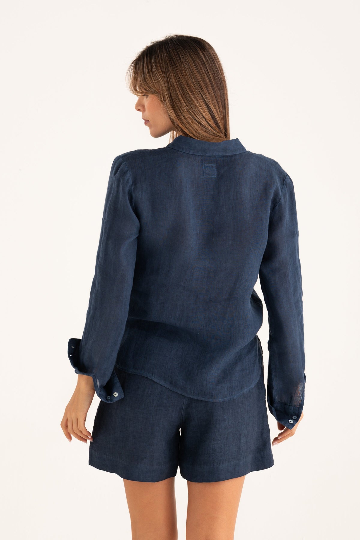 Women's Front-Tie Linen Shirt – Navy Fade, view 2
