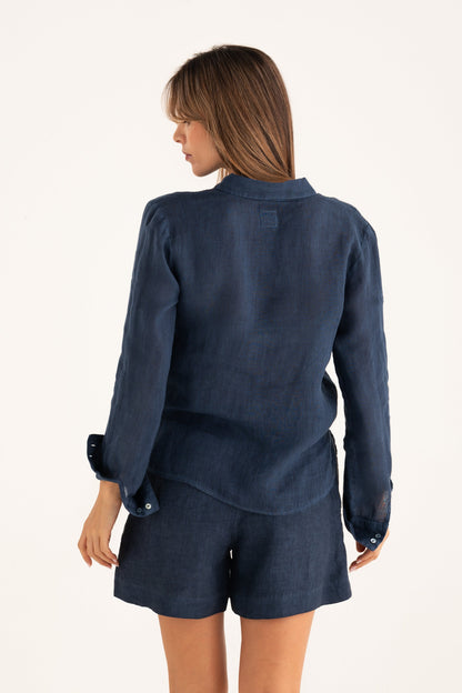 Women's Front-Tie Linen Shirt – Navy Fade, view 2
