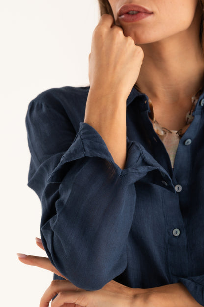 Women's Front-Tie Linen Shirt – Navy Fade, view 4