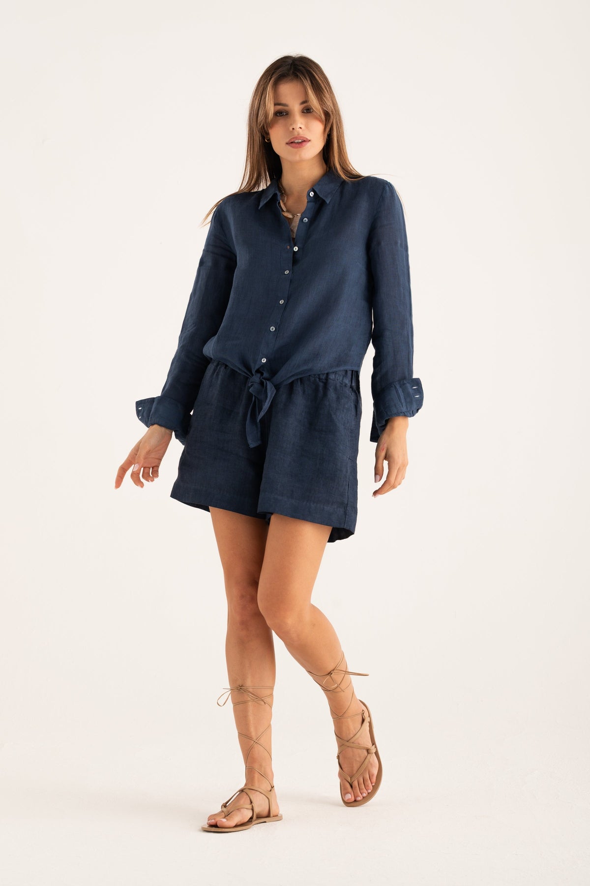 Women's Front-Tie Linen Shirt – Navy Fade, view 5