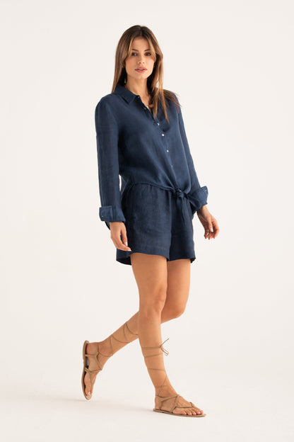 Women's Front-Tie Linen Shirt – Navy Fade, view 7