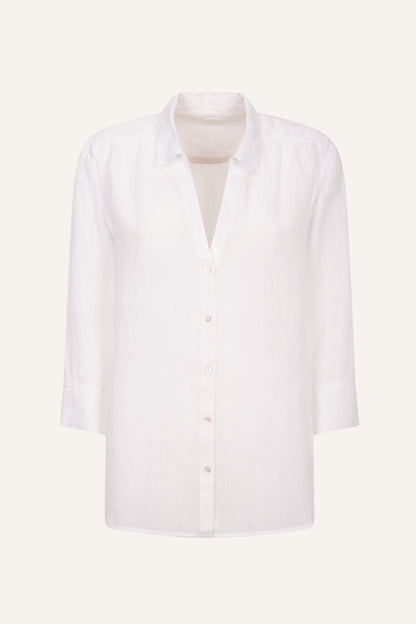 Women's Linen Relaxed-Fit V-Neck Shirt – White, view 5