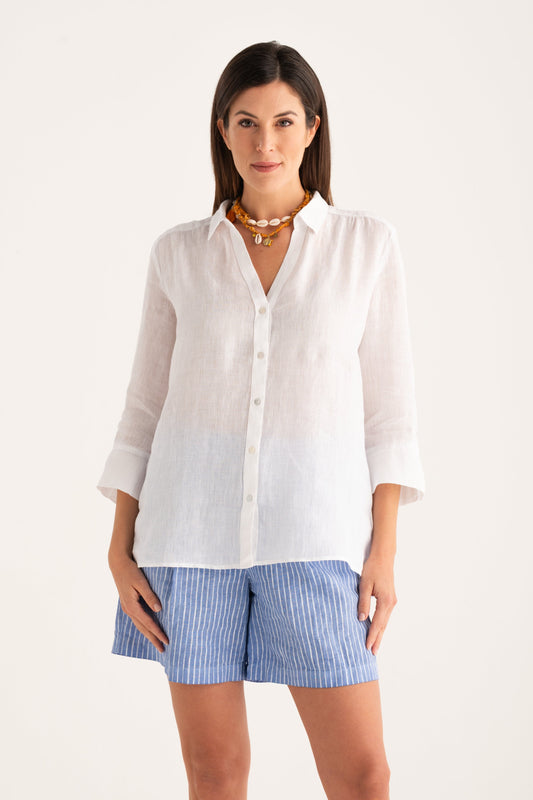 Women's Linen Relaxed-Fit V-Neck Shirt – White, view 1