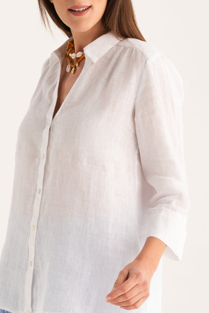 Women's Linen Relaxed-Fit V-Neck Shirt – White, view 3