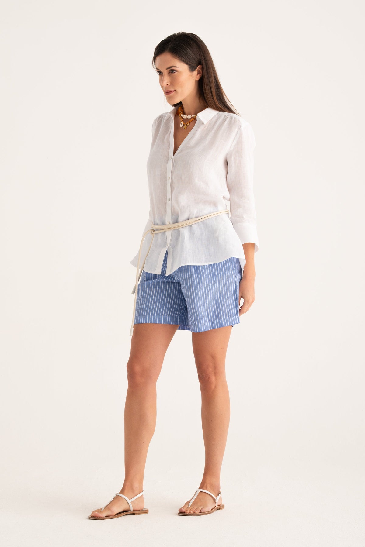 Women's Linen Relaxed-Fit V-Neck Shirt – White, view 4