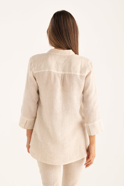 Women's Linen Relaxed-Fit V-Neck Shirt – Safari Soft Fade, view 2