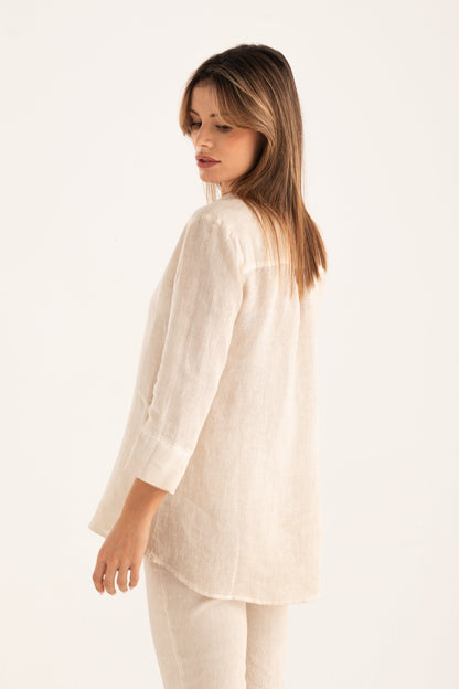 Women's Linen Relaxed-Fit V-Neck Shirt – Safari Soft Fade, view 5