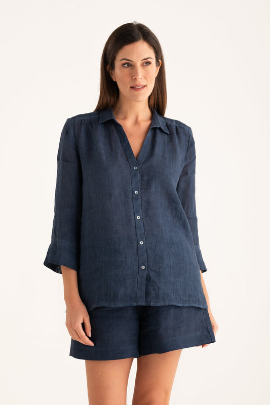 Women's Linen Relaxed-Fit V-Neck Shirt – Navy Fade, view 1