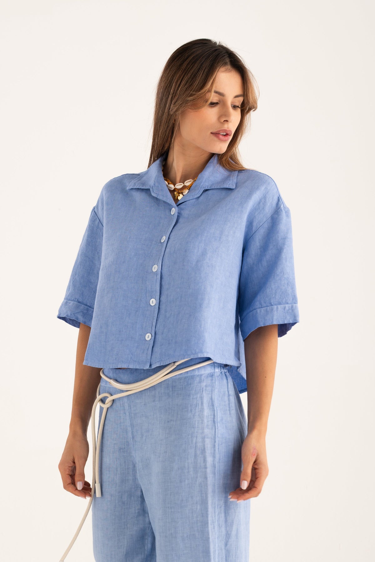 Women's Linen Cropped Shirt with Wide Sleeves – Pacific Soft, view 4