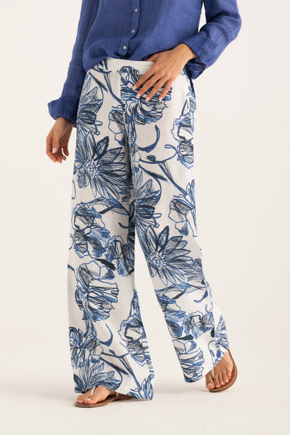 Women's Linen Wide-Leg Pants – Washed Blue Print, view 1