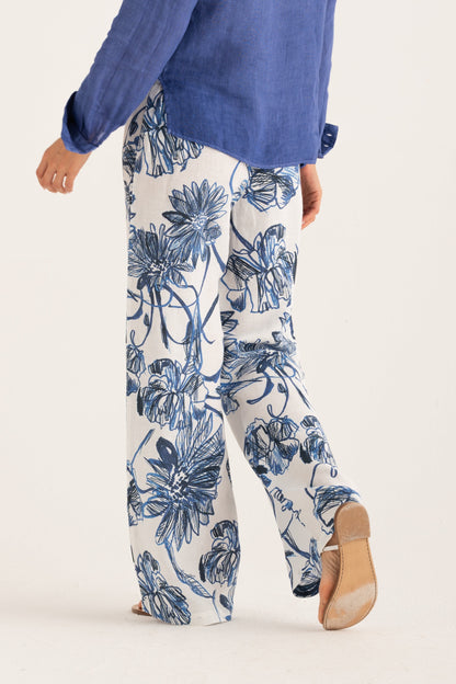 Women's Linen Wide-Leg Pants – Washed Blue Print, view 2