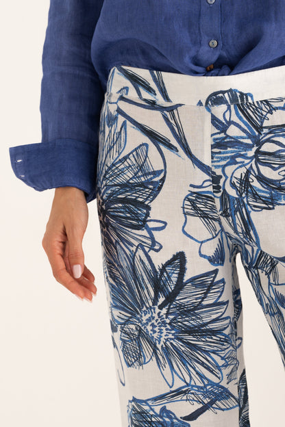 Women's Linen Wide-Leg Pants – Washed Blue Print, view 3