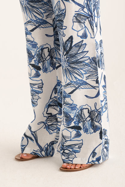 Women's Linen Wide-Leg Pants – Washed Blue Print, view 4