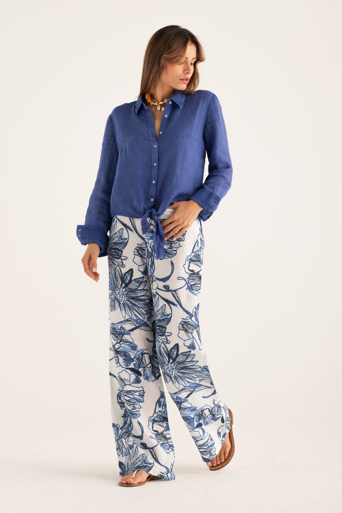 Women's Linen Wide-Leg Pants – Washed Blue Print, view 5