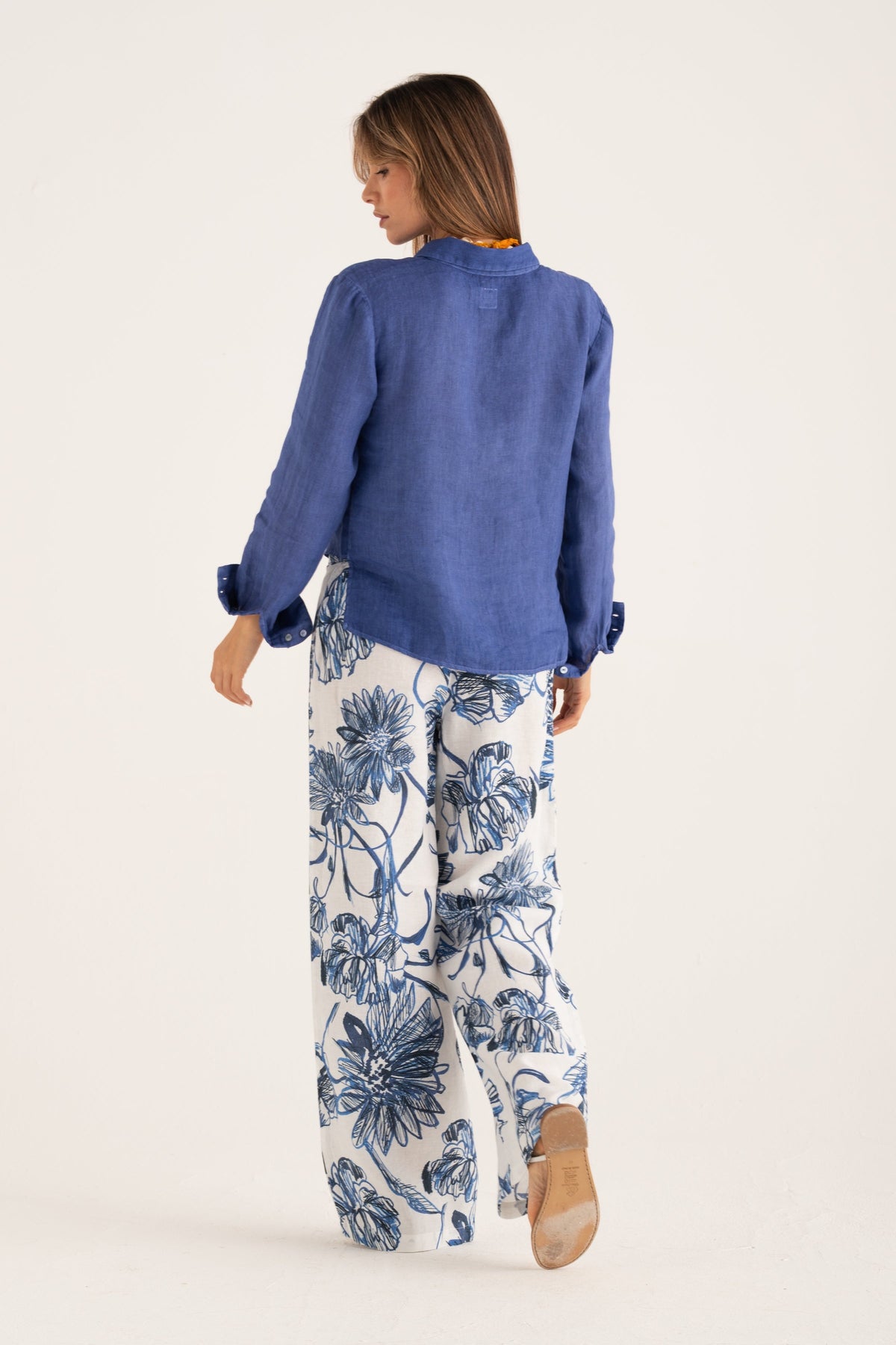 Women's Linen Wide-Leg Pants – Washed Blue Print, view 6