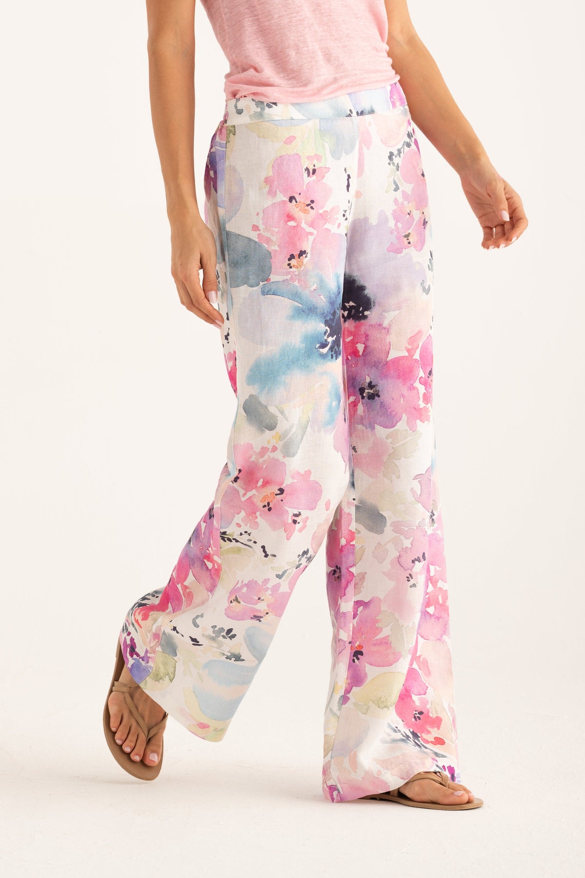 Women's Aquarelle Bloom Wide-Leg Linen Pants – Print, view 1