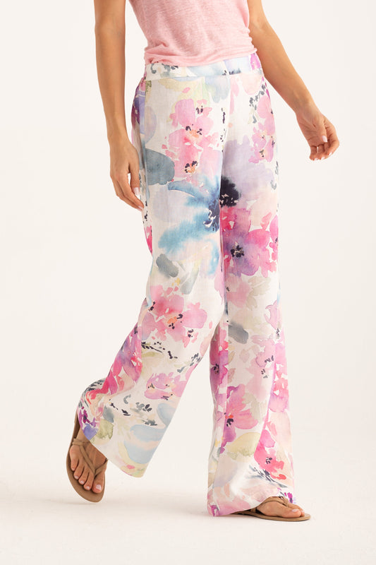 Women's Aquarelle Bloom Wide-Leg Linen Pants – Print, view 1