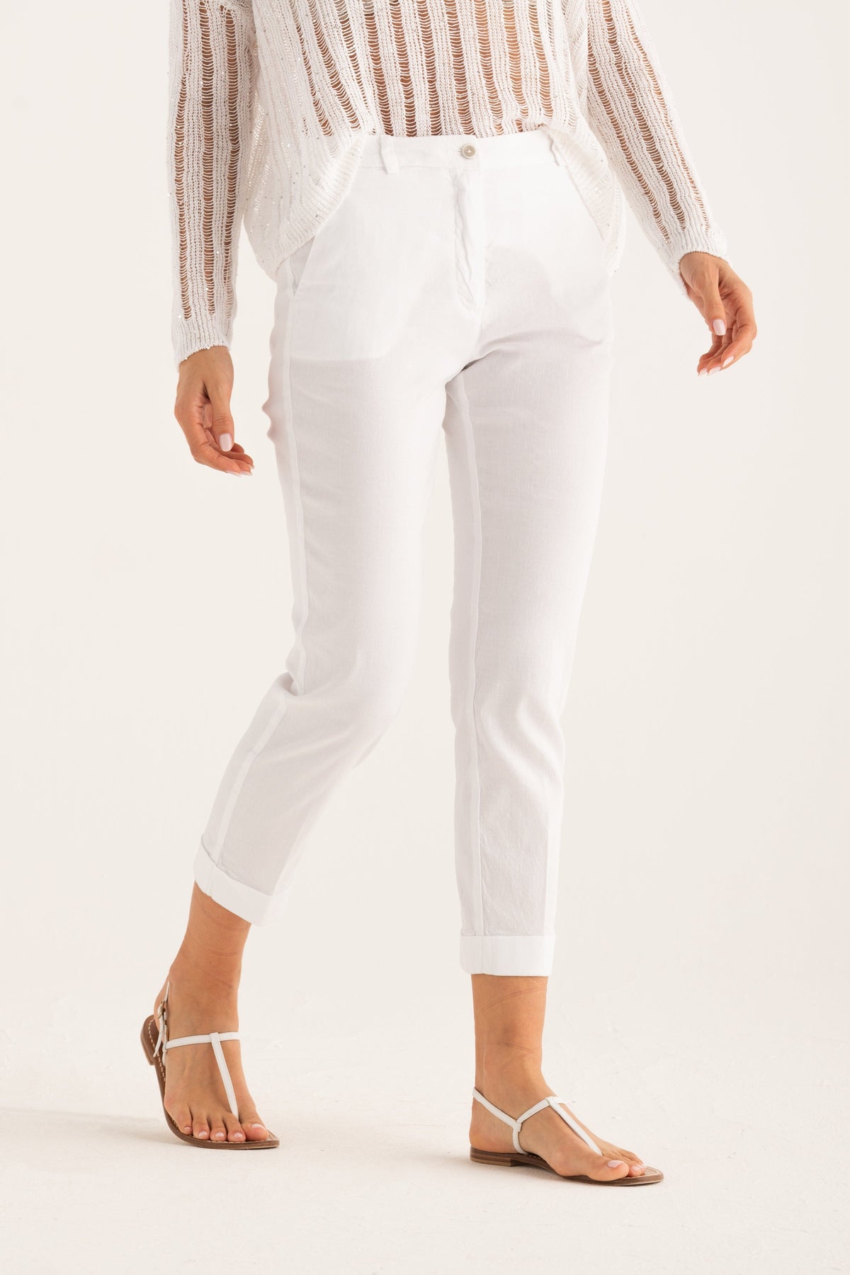 Women's Linen Chino Cropped Pants with Cuff – White, view 1