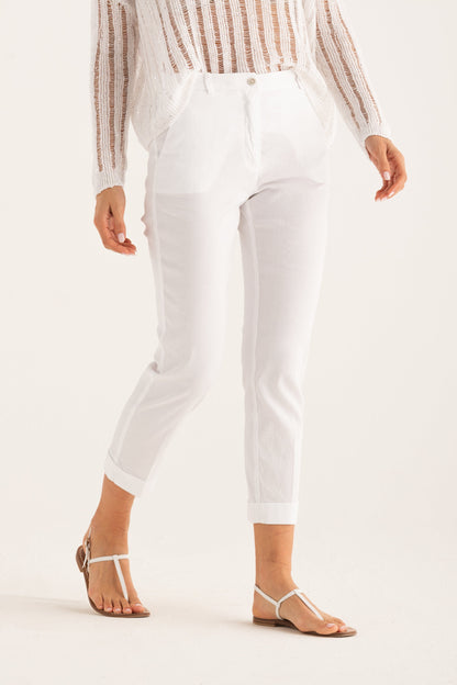 Women's Linen Chino Cropped Pants with Cuff – White, view 1