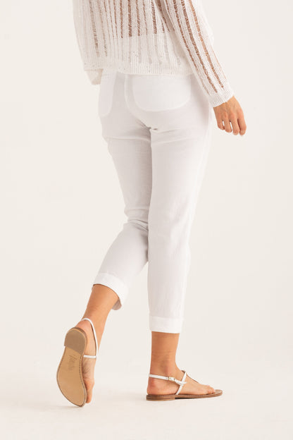 Women's Linen Chino Cropped Pants with Cuff – White, view 2