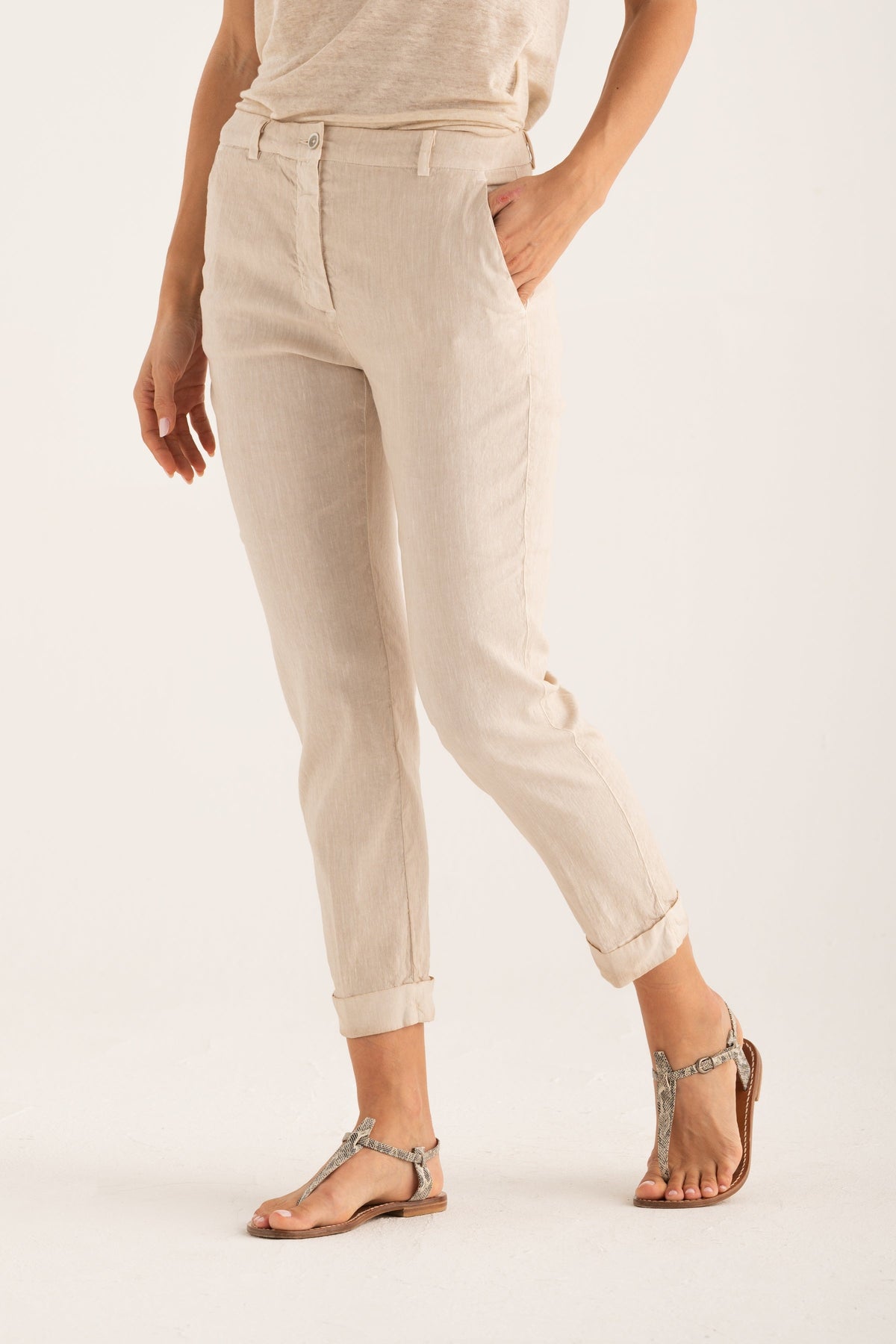 Women's Linen Chino Cropped Pants with Cuff – Safari Soft Fade, view 1