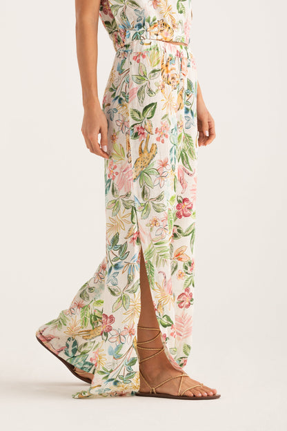 Women's Jungle Wide-Leg Linen Pants with Side Slits – Print, view 1