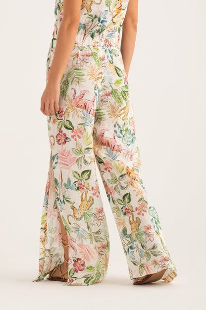 Women's Jungle Wide-Leg Linen Pants with Side Slits – Print, view 2