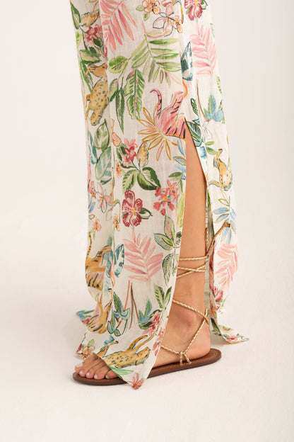 Women's Jungle Wide-Leg Linen Pants with Side Slits – Print, view 3