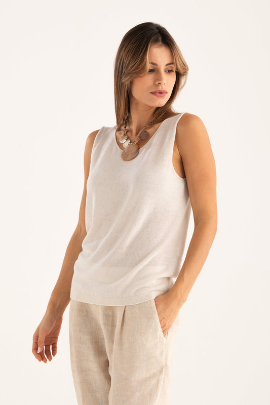 Women's Sleeveless Knit Top with Ribbed Hem – Bianco Lan, view 1