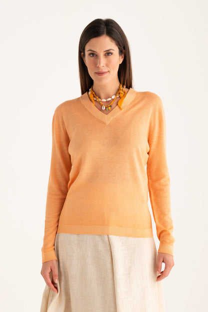 Women's V-Neck Knit Sweater – Tangerine, view 1